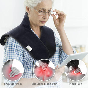 Woman wearing UTK Technology heating pad with diagrams showing shoulder blade and neck pain relief