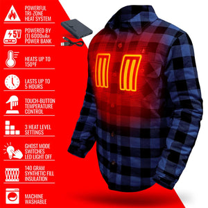 ActionHeat blue and black plaid heated flannel shirt with power bank and feature list