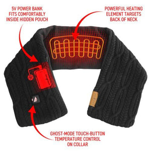 ActionHeat black heated scarf with power bank pouch heating element and touch button temperature control