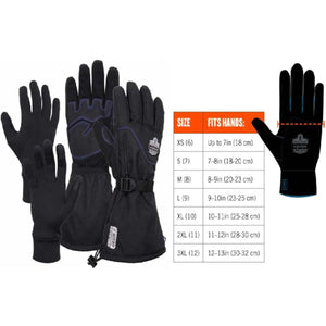 Ergodyne waterproof work gloves with a size chart showing hand measurements from XS to 3XL