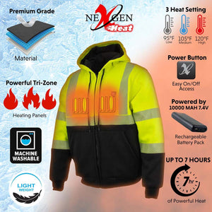 NexGen heated high visibility hoodie with three heat settings and rechargeable battery pack