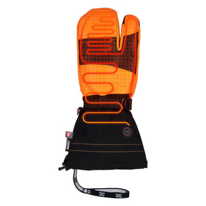 Mobile Warming orange and black heated mitten with visible heating elements