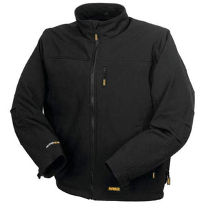 Black DeWalt heated softshell jacket with front zipper and stand collar