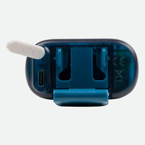 Nathan blue electronic device with open charging port cover and clip