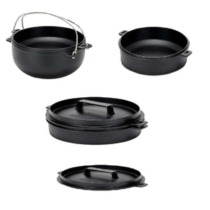 Snow Peak cast iron dutch oven set including pot, lid, and skillet