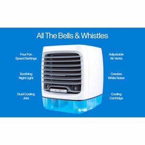 Ontel Arctic Air portable cooler features list including fan speeds, night light, cooling jets, vents, and noise