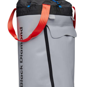 Black Diamond grey haul bag with red webbing straps and black drawstring top