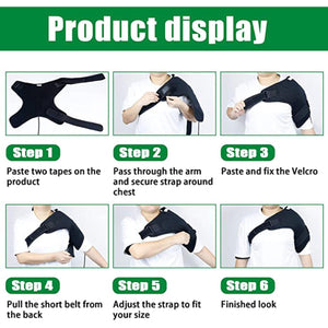 Six step instructional guide on how to apply a black shoulder support brace