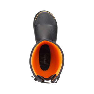 Top view of a black Dryshod boot with a bright orange interior lining