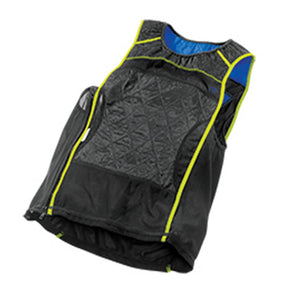 HyperKewl black cooling vest with neon yellow trim and blue interior lining