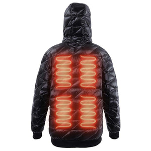 Back view of black hooded puffer jacket with glowing red heating elements on the back