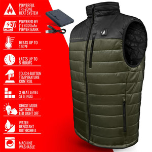 ActionHeat olive green heated vest with power bank and feature list