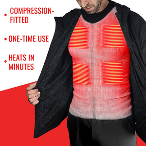 Man wearing a compression fitted heat vest with text highlights for one time use and fast heating
