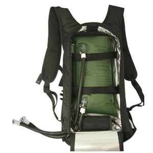 CompCooler black backpack with open compartment showing green liquid circulation bladder and tubing