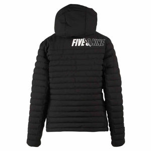 Back view of black 509 hooded puffer jacket with white logo on upper back