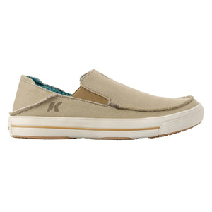 Korkers tan canvas slip on shoe with white rubber sole and patterned interior lining