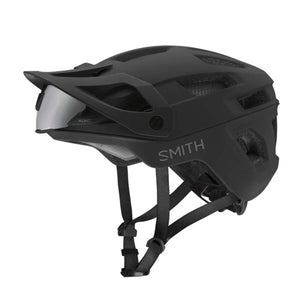 Matte black Smith Optics mountain bike helmet with integrated visor and adjustable chin strap