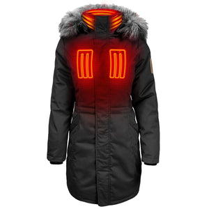 Black heated parka with faux fur hood and glowing red heating elements on chest and neck
