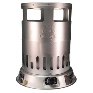 Silver cylindrical propane construction heater with a black control knob and ventilation slots