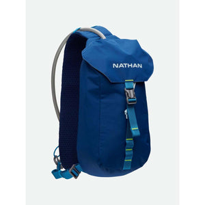 Blue Nathan hydration backpack with buckle closure and hydration tube