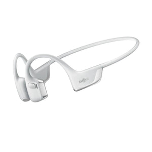 White Shokz bone conduction headphones with wraparound frame