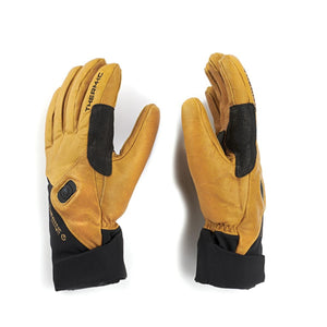 Therm-ic tan leather heated gloves with black cuffs and power button
