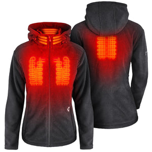 Gerbing women heated fleece hoodie showing front and back heating elements