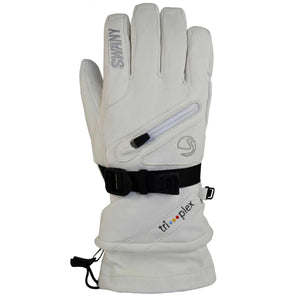 Swany white leather ski glove with zippered pocket and black wrist strap