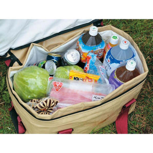 Snow Peak cooler bag filled with various food items and beverage bottles