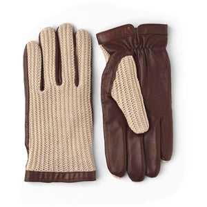 Hestra brown leather and beige crochet knit gloves