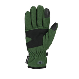 Seirus green fleece glove with black palm patch and touchscreen compatible fingertip