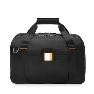 Black Briggs and Riley duffel bag with top handles and an integrated luggage tag