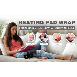 UTK Technology far infrared heating pad wrap applied to a knee with icons showing use on ankle arm and wrist