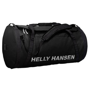 Black Helly Hansen duffel bag with shoulder straps and white logo