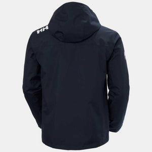 Back view of a navy Helly Hansen hooded jacket with white HH logo on the shoulder