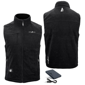 ActionHeat black fleece vest shown from front and back with battery pack and charging cable