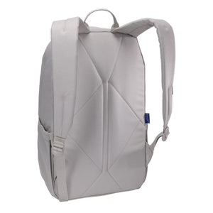 Back view of a light grey backpack with padded shoulder straps and a Bluesign product tag