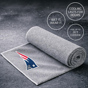 Grey cooling towel with New England Patriots logo on a dark textured surface