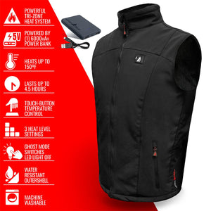 ActionHeat black heated vest with power bank and feature list
