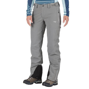 Outdoor Research grey softshell hiking pants with zippered pockets and reinforced cuffs