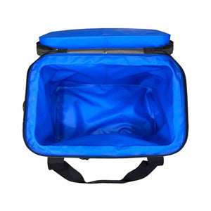 Open blue insulated cooler bag with black straps