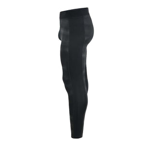 Side view of black compression leggings with textured pattern
