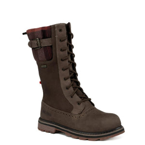 Brown lace up waterproof boot with plaid cuff and buckle detail