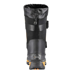 Rear view of black Baffin winter boot with orange sole and adjustable strap