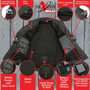 NexGen Heat vest interior features including conceal carry pockets, battery pocket, media pocket, and mesh liner