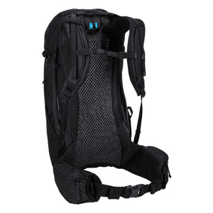 Back view of a black hiking backpack showing the mesh suspension system and adjustable waist belt