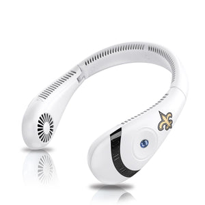 White wearable neck fan with New Orleans Saints logo and digital display