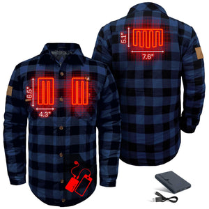 ActionHeat blue plaid flannel shirt showing heating element placement and dimensions with battery pack and cable