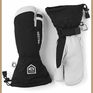 Hestra black and grey three-finger ski mittens with adjustable wrist straps and logo patch