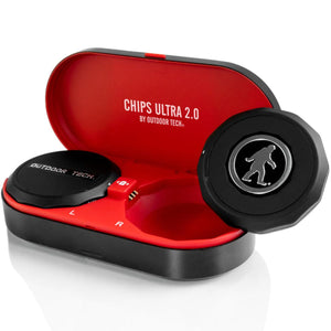 Outdoor Tech Chips Ultra 2.0 wireless audio headset in open red and black charging case